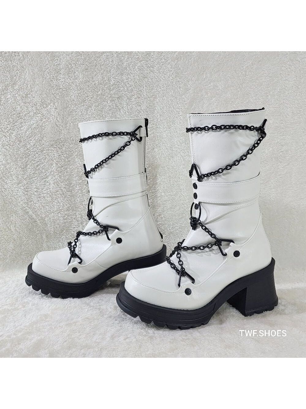 Bratty White Vegan Leather Block Heel Biker Style Goth  Punk Boots